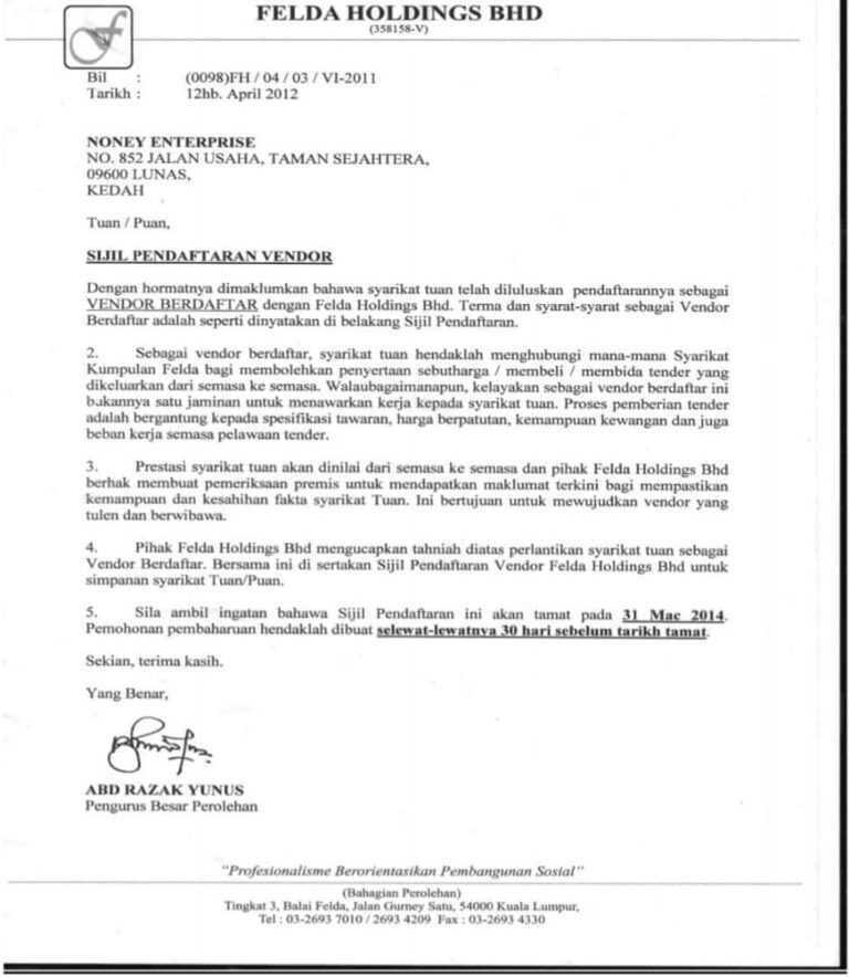 FELDA Holdings vendor registration letter